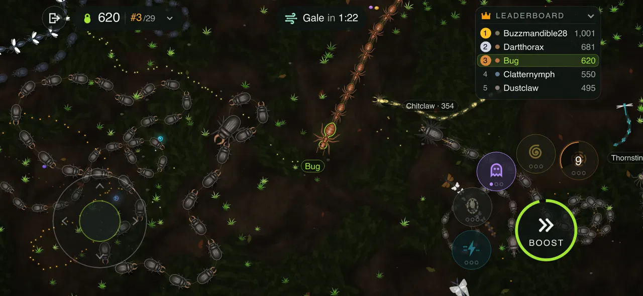 buggs.io gameplay: an ant winds across dark soil past trains of beetles, with a Gale on its way.