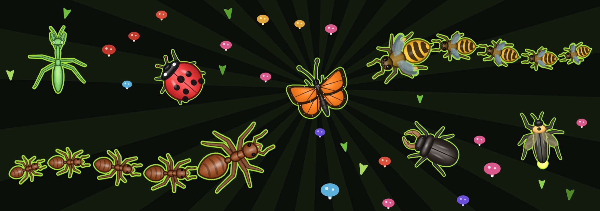 buggs.io's cast: a mantis, ants, a ladybird, a butterfly, wasps, a beetle and a firefly on the game's sunburst.