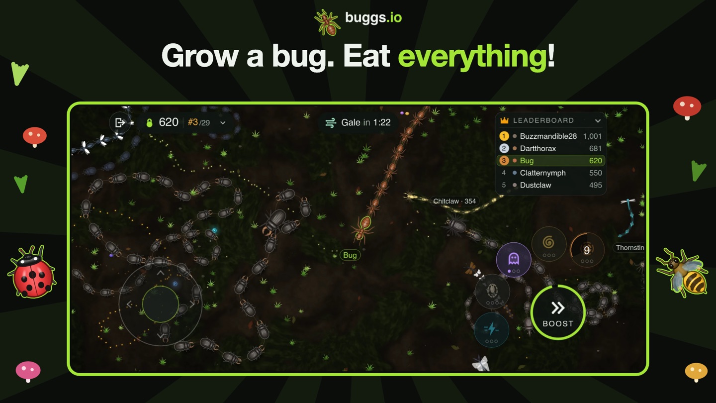 buggs.io arena: a bug winds across the board past trains of beetles.