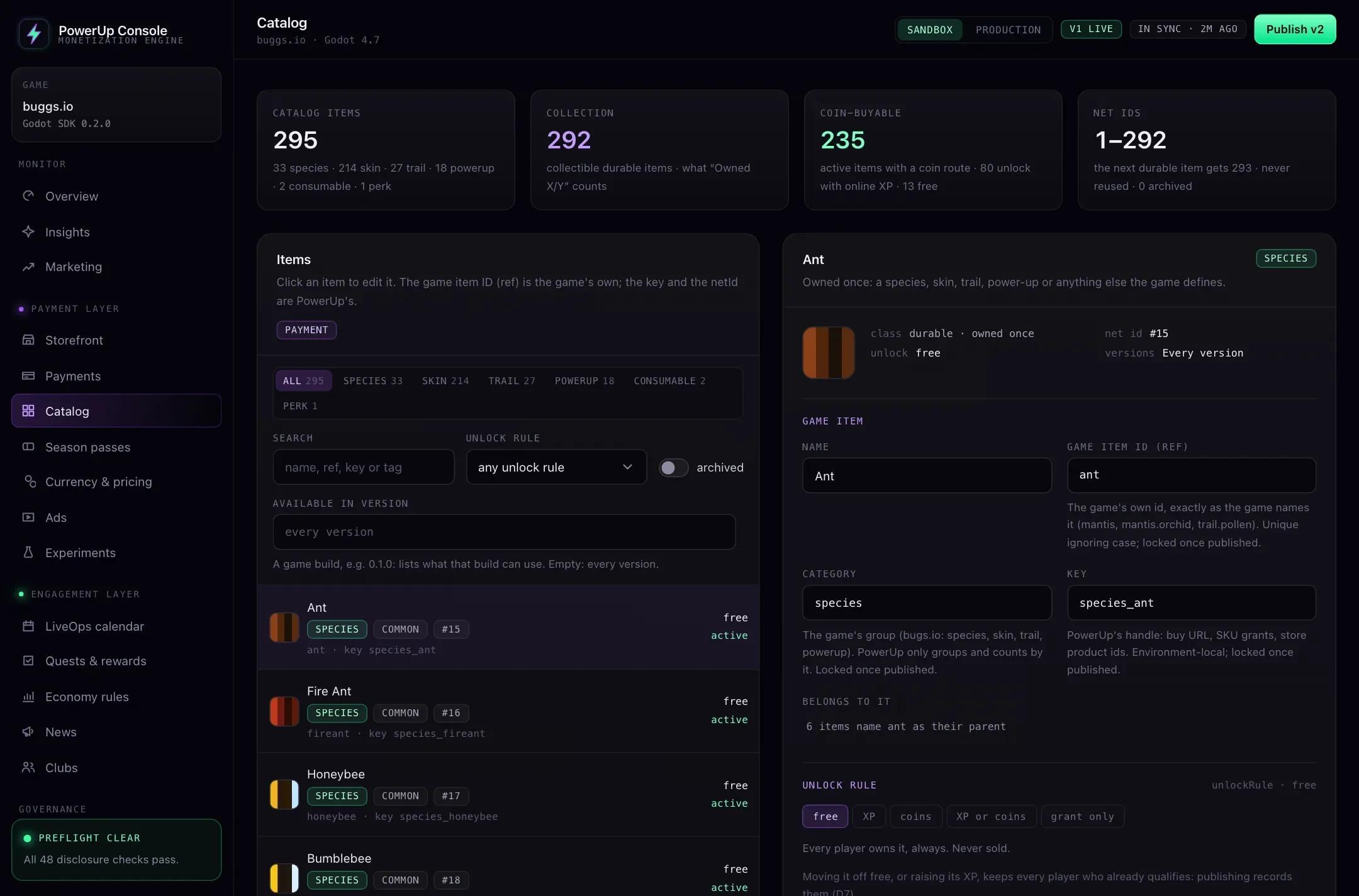 The PowerUp Console's Catalog for buggs.io: 295 items, 292 collectibles, each with its unlock rule.