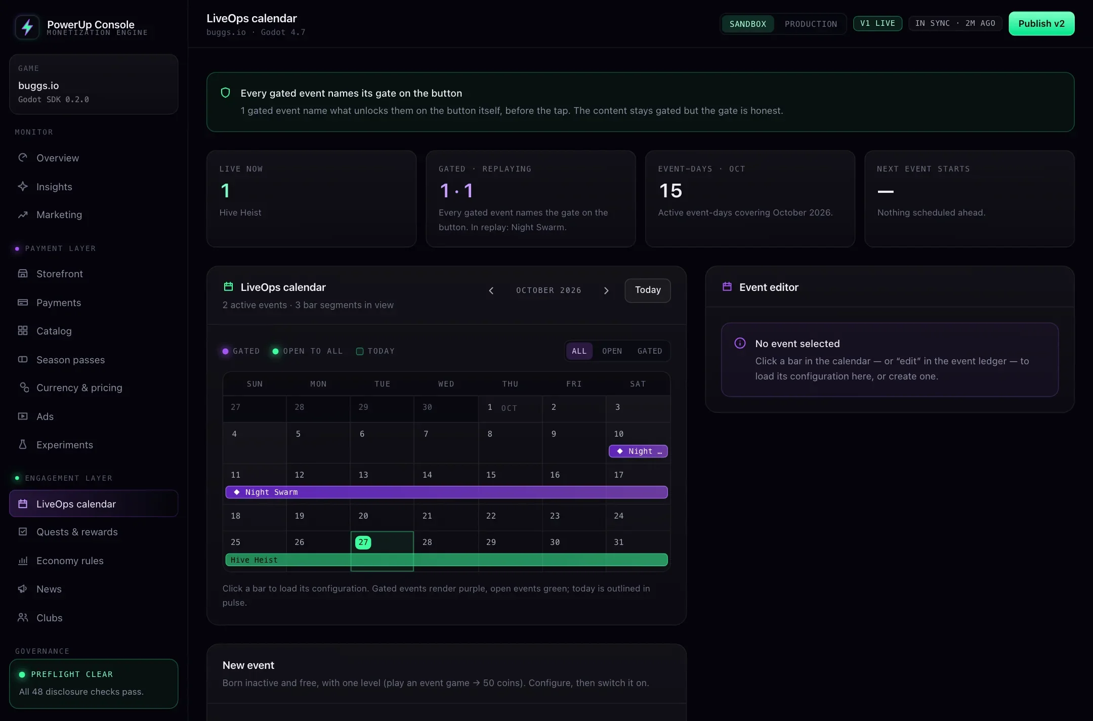 LiveOps calendar: Events on a month view. Click one to change it.