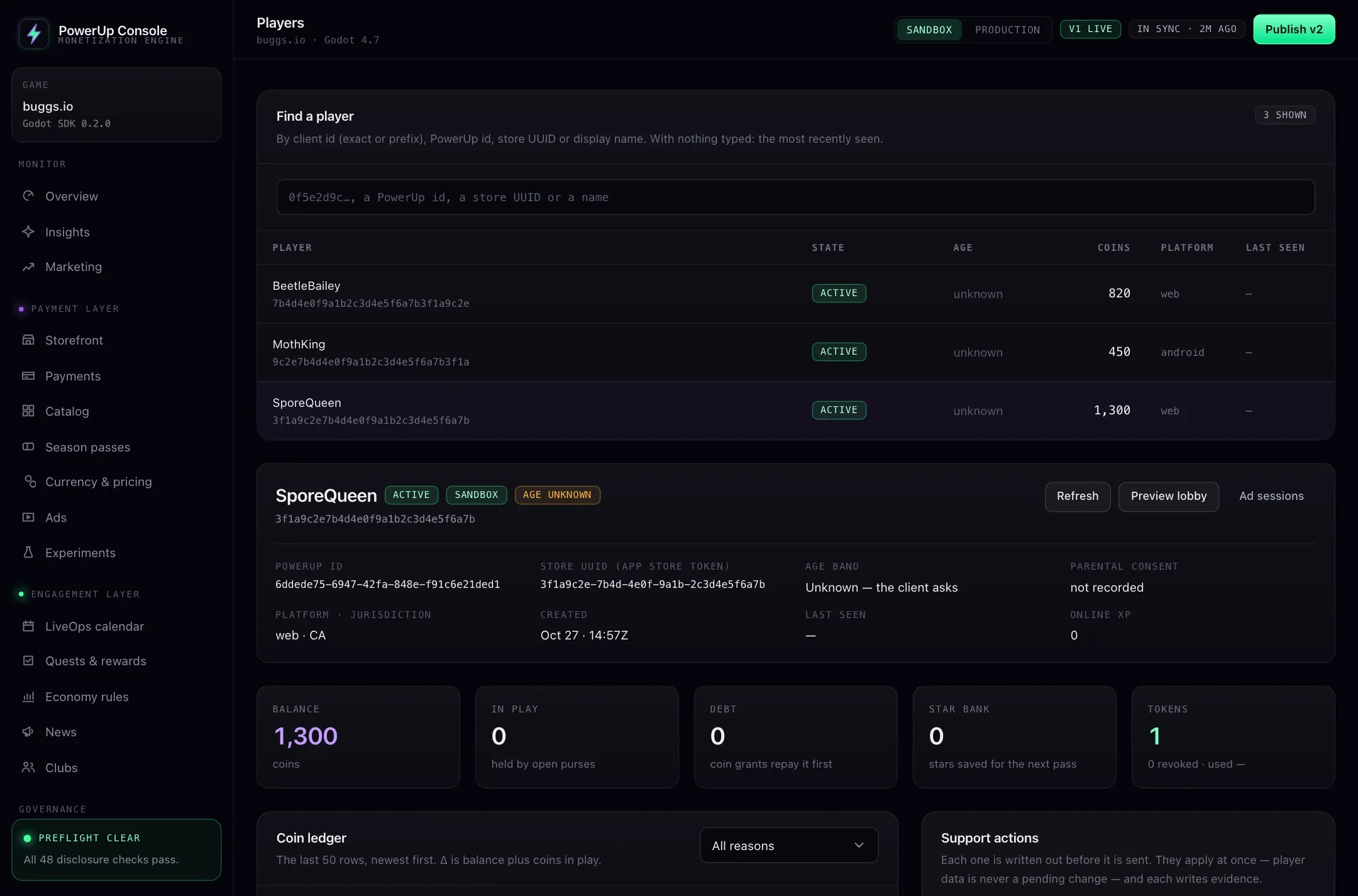 Players & support: A test player’s wallet and the support tools next to it.