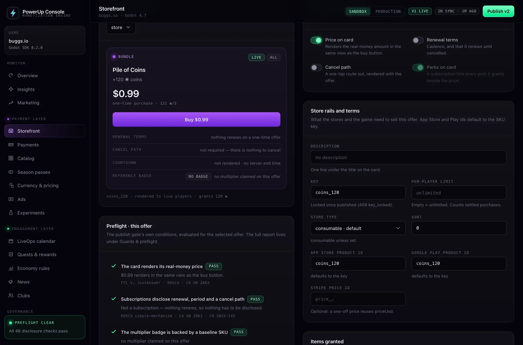 Store card preview: What the offer will look like in the game, next to the checks it has to pass.