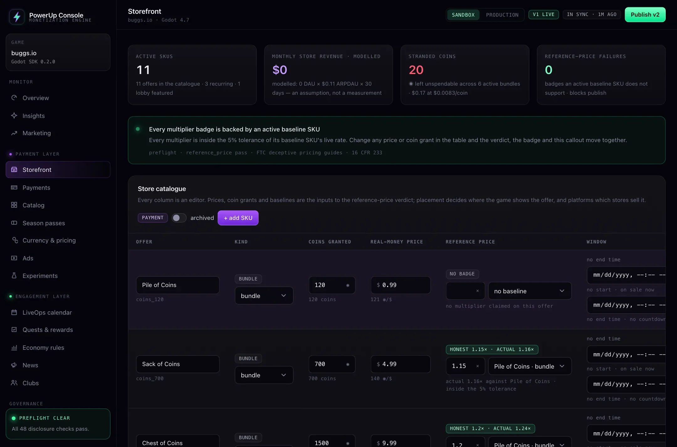 The PowerUp Console's Storefront for buggs.io: the coin bundles with their prices, coins granted, reference-price checks and sale windows.
